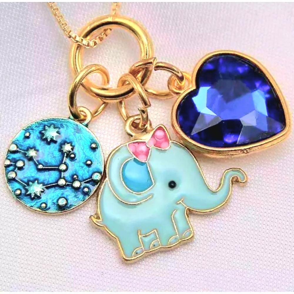 New gold plated blue crystal elephant heart charm necklace